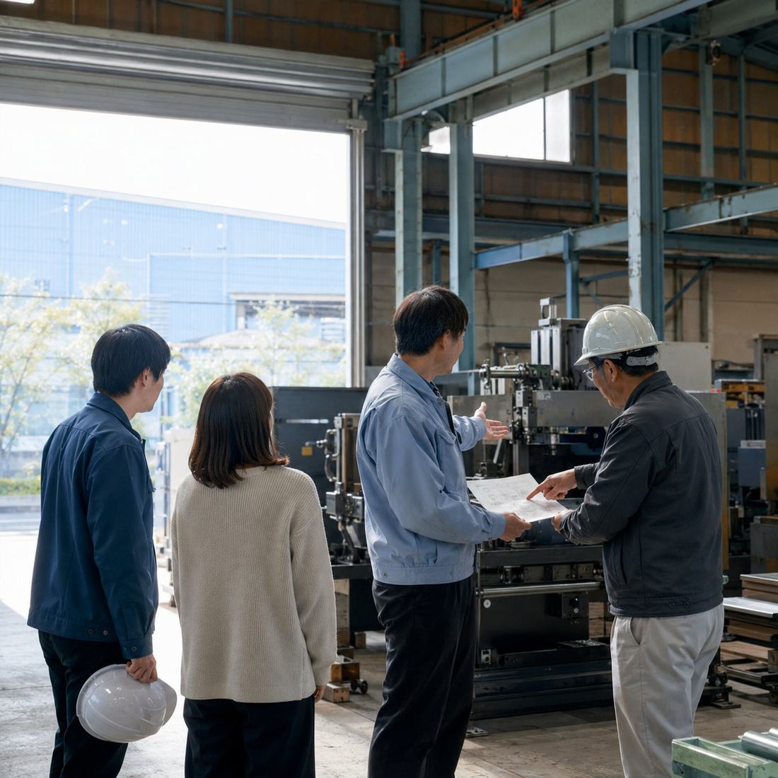 工場で説明を受ける見学者